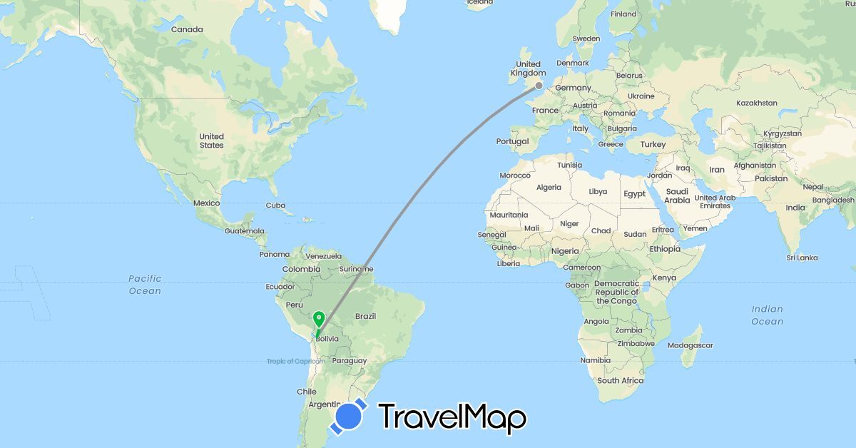 TravelMap itinerary: driving, bus, plane in Bolivia, United Kingdom (Europe, South America)